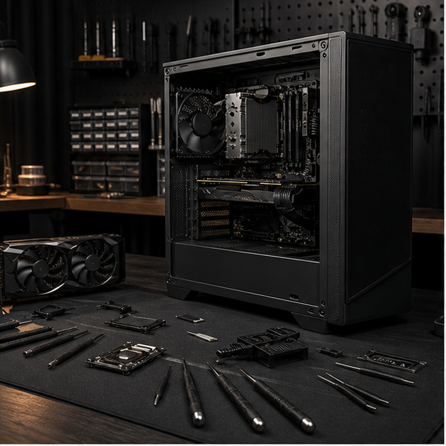 Open desktop PC on an organized diagnostics bench